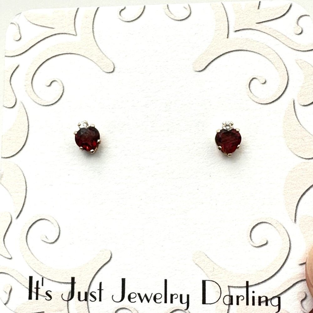 10K Yellow Gold Womens Earrings Garnet Heart CZ Stud Pierced Gift Idea for Her